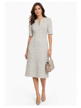 St. John Binario Tweed Cut-Away Midi Dress  NWOT Neutral Multi Size 4